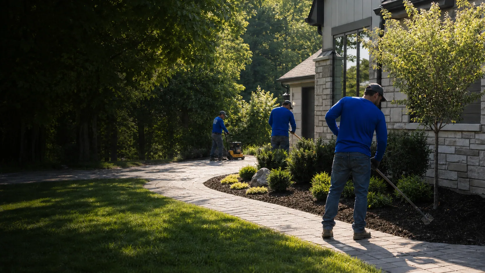 Anonymous blue-uniform landscaping crew working beside a finished residential walkway and planting bed