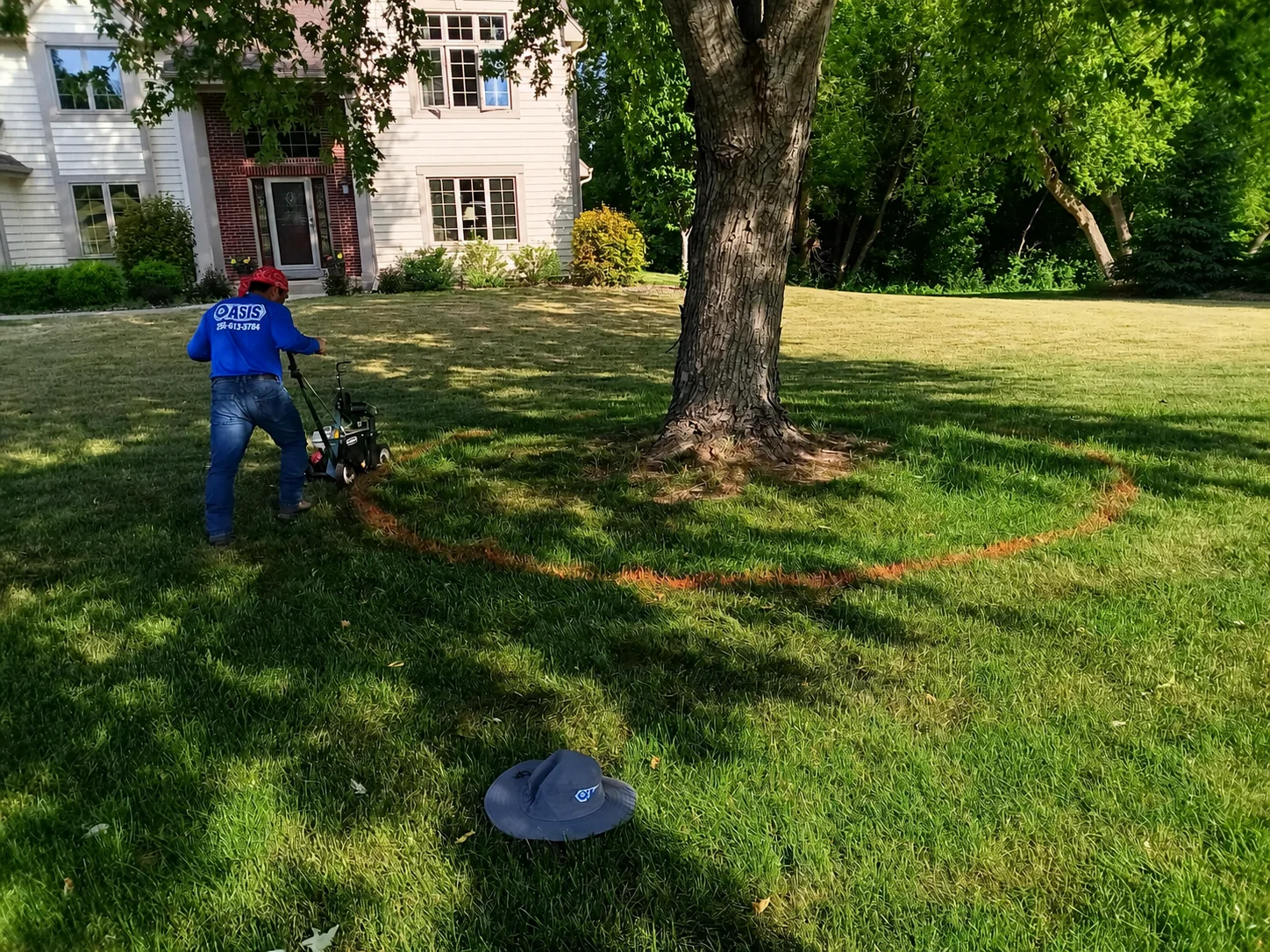 Oasis Landscaping team member marking a landscape-bed layout around an established tree