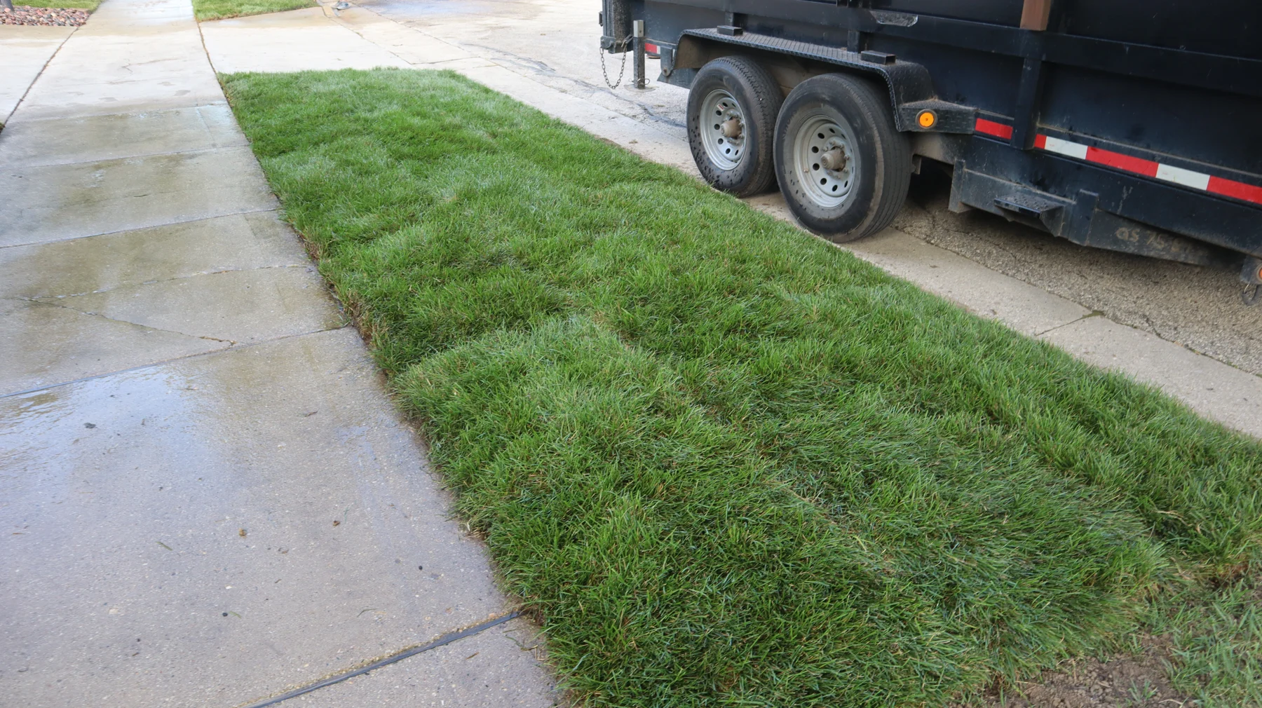 New sod fitted between a sidewalk and street beside a trailer