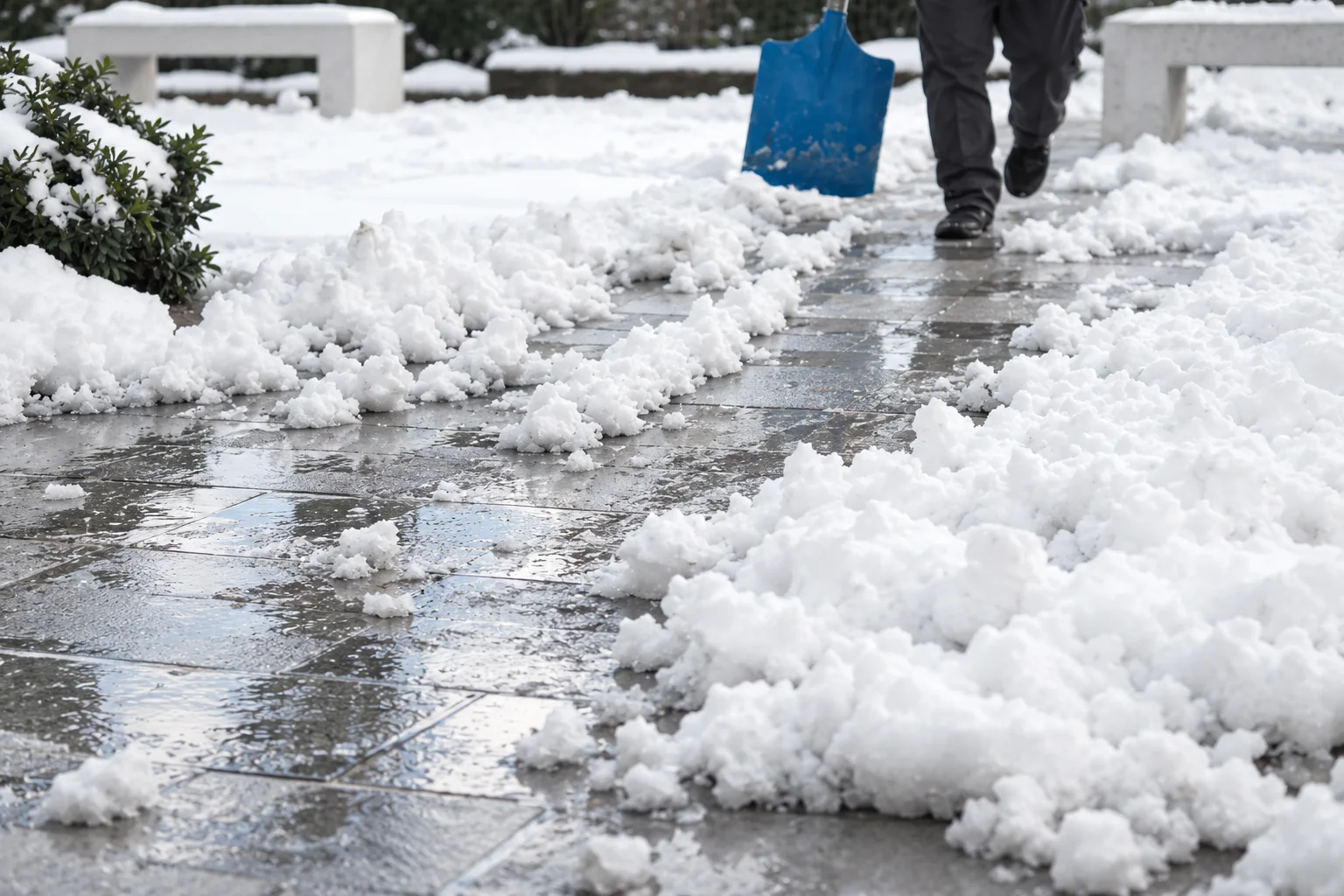 Blue shovel beside a snow-cleared pedestrian walkway